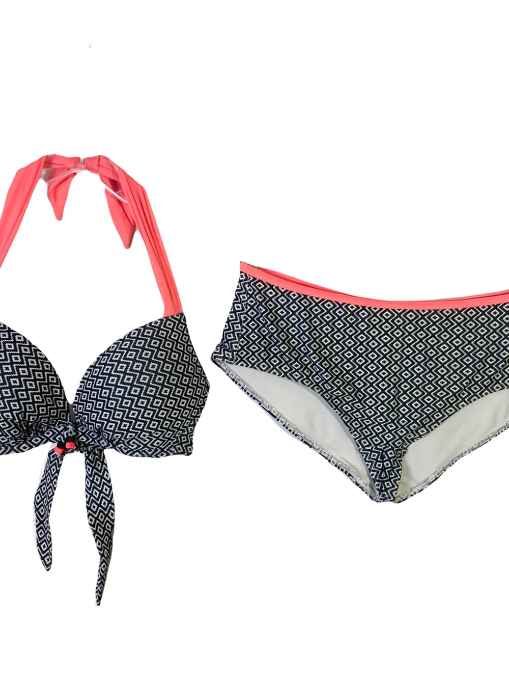 TRIBORD Bikini Set ~S Black-White Geo-Print Pink-Trim Halterneck Tassel “Bahia”